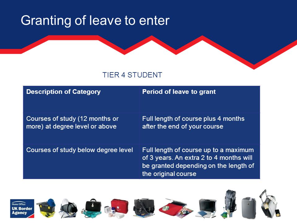 Granting of leave to enter Description of CategoryPeriod of leave to grant Courses of study (12 months or more) at degree level or above Full length of course plus 4 months after the end of your course Courses of study below degree levelFull length of course up to a maximum of 3 years.