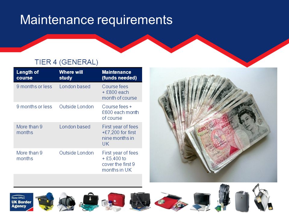 Maintenance requirements Length of course Where will study Maintenance (funds needed) 9 months or lessLondon basedCourse fees + £800 each month of course 9 months or lessOutside LondonCourse fees + £600 each month of course More than 9 months London basedFirst year of fees +£7,200 for first nine months in UK More than 9 months Outside LondonFirst year of fees + £5,400 to cover the first 9 months in UK TIER 4 (GENERAL)