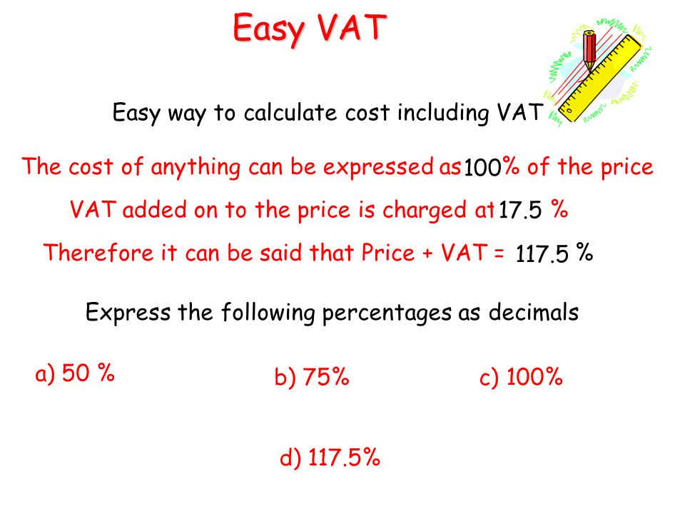 Learning Intention Explain how to calculate price +VAT using the simple multiplier 2 Easy VAT