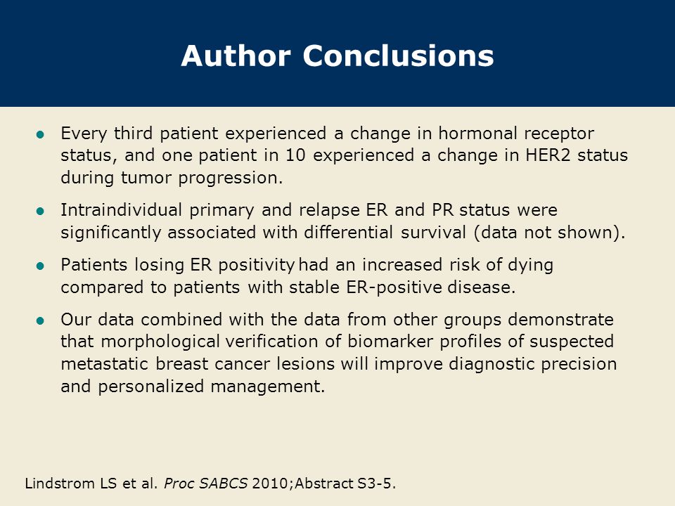Author Conclusions Every third patient experienced a change in hormonal receptor status, and one patient in 10 experienced a change in HER2 status during tumor progression.