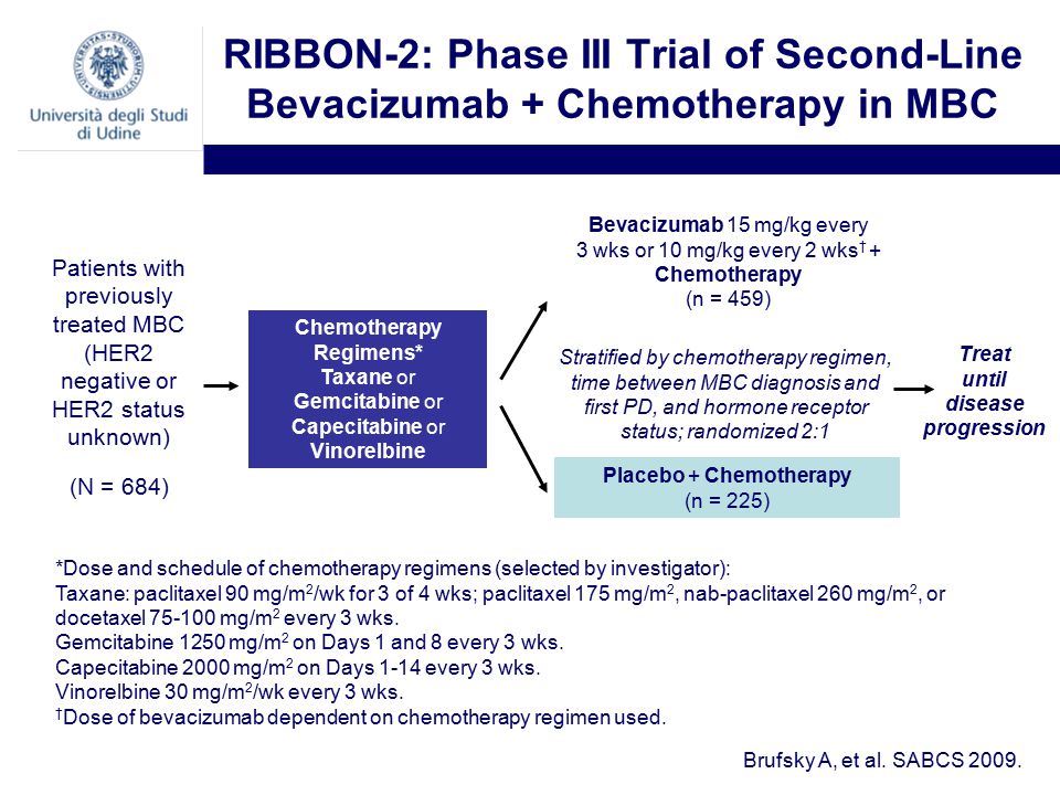 RIBBON-2: Phase III Trial of Second-Line Bevacizumab + Chemotherapy in MBC Patients with previously treated MBC (HER2 negative or HER2 status unknown) (N = 684) Chemotherapy Regimens* Taxane or Gemcitabine or Capecitabine or Vinorelbine Bevacizumab 15 mg/kg every 3 wks or 10 mg/kg every 2 wks † + Chemotherapy (n = 459) Placebo + Chemotherapy (n = 225) Treat until disease progression Stratified by chemotherapy regimen, time between MBC diagnosis and first PD, and hormone receptor status; randomized 2:1 *Dose and schedule of chemotherapy regimens (selected by investigator): Taxane: paclitaxel 90 mg/m 2 /wk for 3 of 4 wks; paclitaxel 175 mg/m 2, nab-paclitaxel 260 mg/m 2, or docetaxel mg/m 2 every 3 wks.