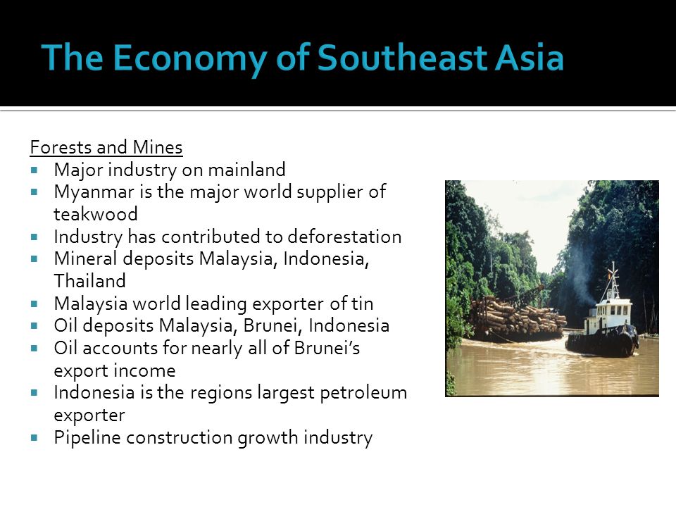 Forests and Mines  Major industry on mainland  Myanmar is the major world supplier of teakwood  Industry has contributed to deforestation  Mineral deposits Malaysia, Indonesia, Thailand  Malaysia world leading exporter of tin  Oil deposits Malaysia, Brunei, Indonesia  Oil accounts for nearly all of Brunei’s export income  Indonesia is the regions largest petroleum exporter  Pipeline construction growth industry