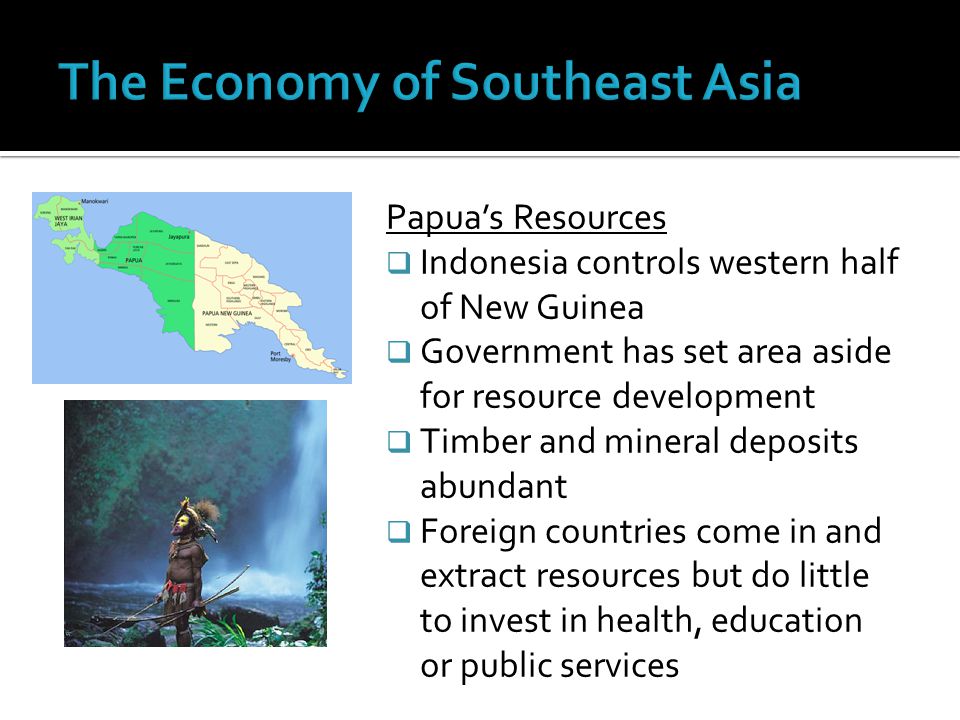Papua’s Resources  Indonesia controls western half of New Guinea  Government has set area aside for resource development  Timber and mineral deposits abundant  Foreign countries come in and extract resources but do little to invest in health, education or public services