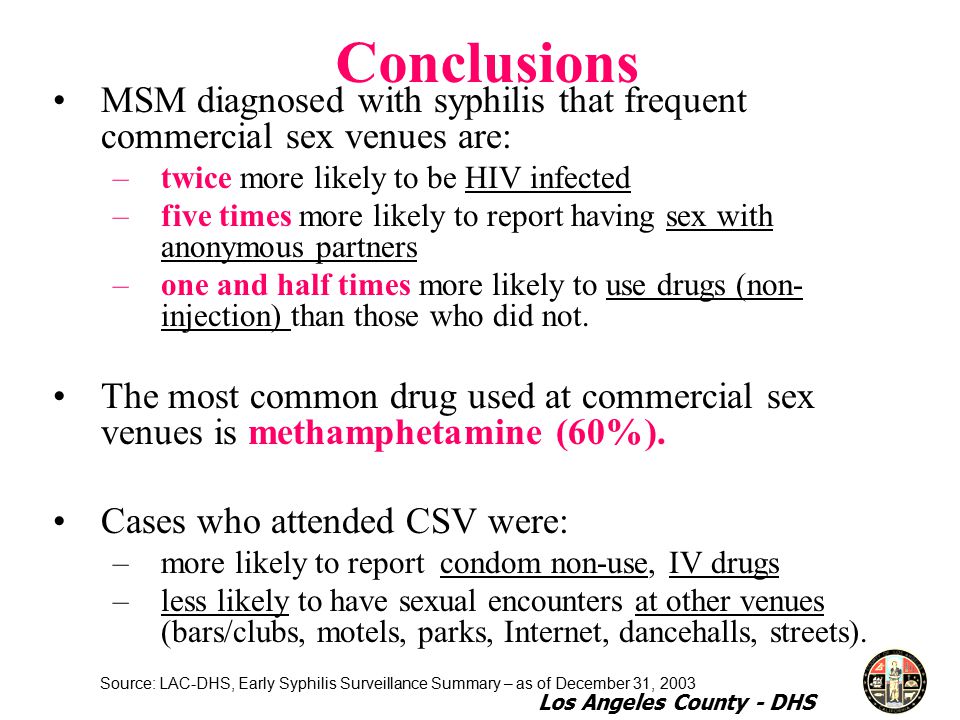 Conclusions MSM diagnosed with syphilis that frequent commercial sex venues are: –twice more likely to be HIV infected –five times more likely to report having sex with anonymous partners –one and half times more likely to use drugs (non- injection) than those who did not.