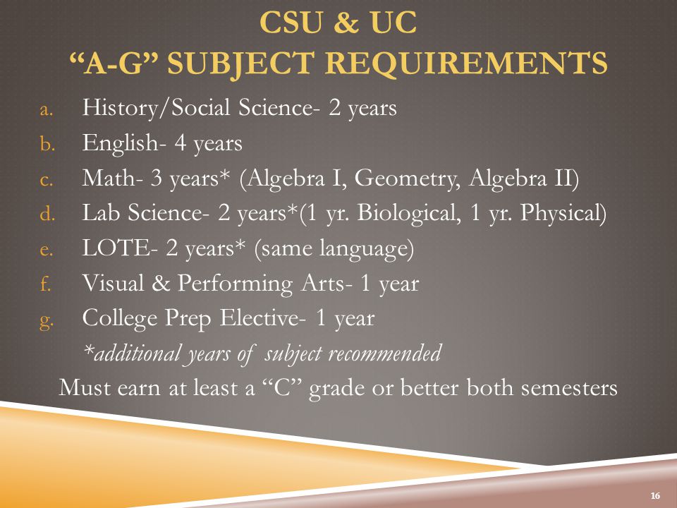 CSU & UC A-G SUBJECT REQUIREMENTS a. History/Social Science- 2 years b.