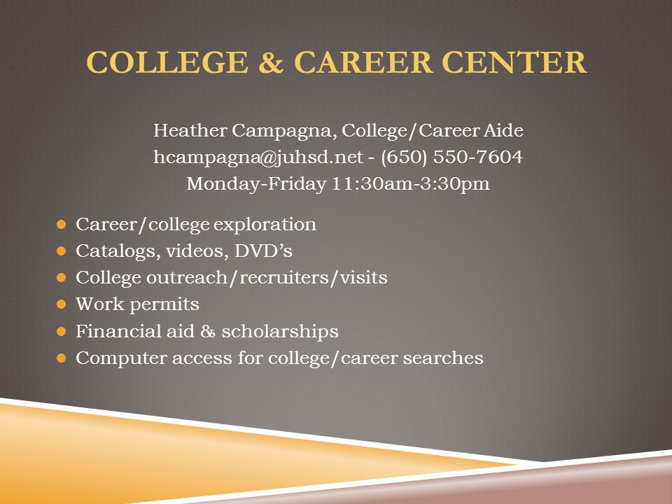 COLLEGE & CAREER CENTER Heather Campagna, College/Career Aide - (650) Monday-Friday 11:30am-3:30pm Career/college exploration Catalogs, videos, DVD’s College outreach/recruiters/visits Work permits Financial aid & scholarships Computer access for college/career searches