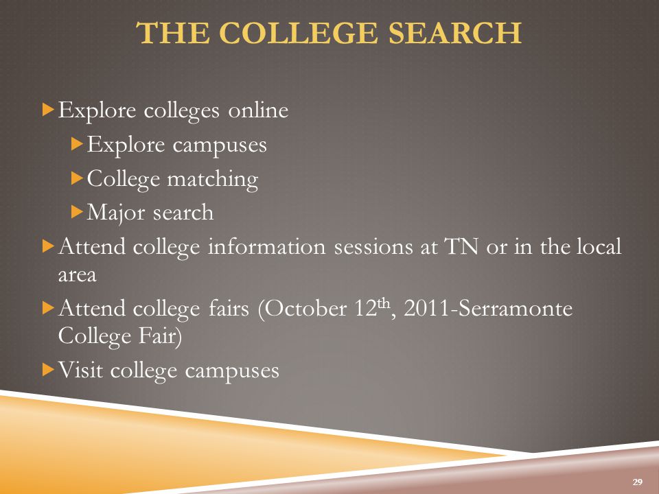 THE COLLEGE SEARCH  Explore colleges online  Explore campuses  College matching  Major search  Attend college information sessions at TN or in the local area  Attend college fairs (October 12 th, 2011-Serramonte College Fair)  Visit college campuses 29