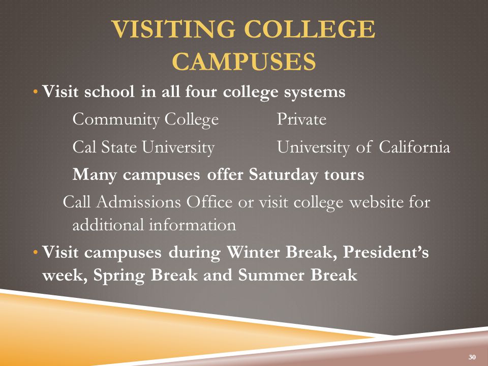 VISITING COLLEGE CAMPUSES Visit school in all four college systems Community CollegePrivate Cal State UniversityUniversity of California Many campuses offer Saturday tours Call Admissions Office or visit college website for additional information Visit campuses during Winter Break, President’s week, Spring Break and Summer Break 30