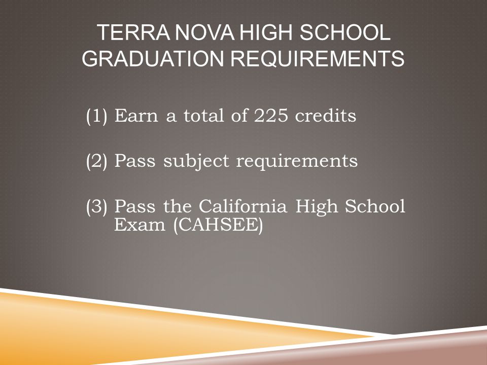 TERRA NOVA HIGH SCHOOL GRADUATION REQUIREMENTS (1) Earn a total of 225 credits (2) Pass subject requirements (3) Pass the California High School Exam (CAHSEE)