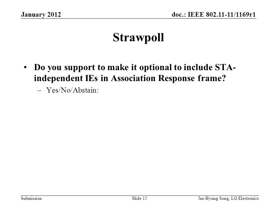 doc.: IEEE /1169r1 Submission Strawpoll Do you support to make it optional to include STA- independent IEs in Association Response frame.