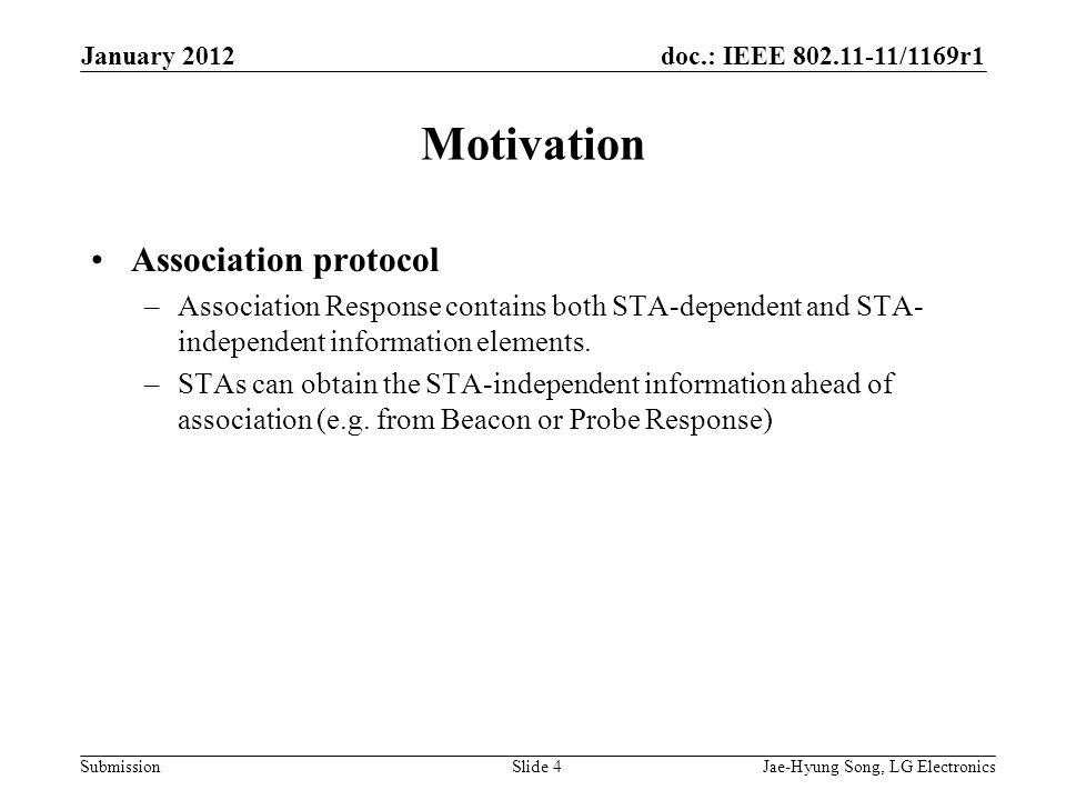 doc.: IEEE /1169r1 Submission Motivation Association protocol –Association Response contains both STA-dependent and STA- independent information elements.