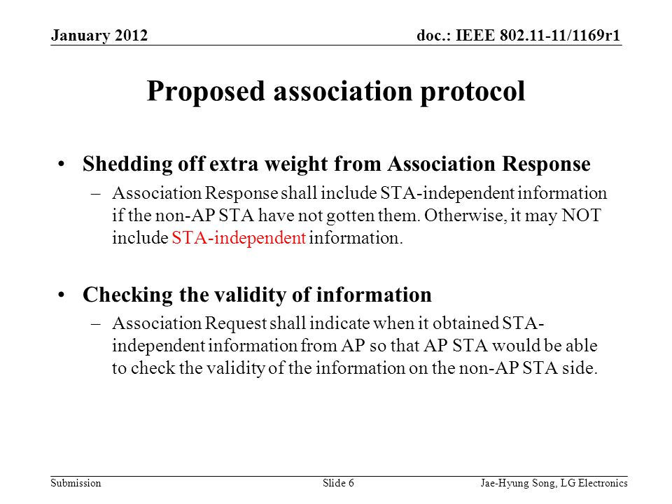 doc.: IEEE /1169r1 Submission Proposed association protocol Shedding off extra weight from Association Response –Association Response shall include STA-independent information if the non-AP STA have not gotten them.