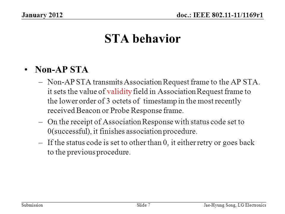 doc.: IEEE /1169r1 Submission STA behavior Non-AP STA –Non-AP STA transmits Association Request frame to the AP STA.