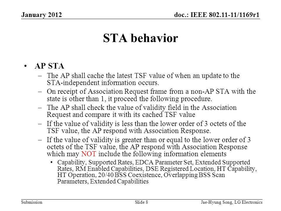 doc.: IEEE /1169r1 Submission STA behavior AP STA –The AP shall cache the latest TSF value of when an update to the STA-independent information occurs.
