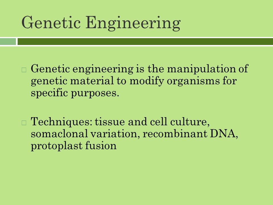 Genetic Engineering  Genetic engineering is the manipulation of genetic material to modify organisms for specific purposes.