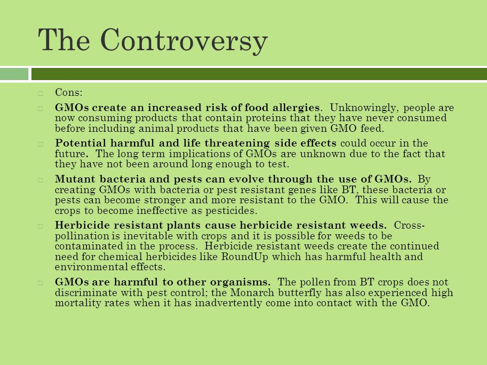 The Controversy  Cons:  GMOs create an increased risk of food allergies.