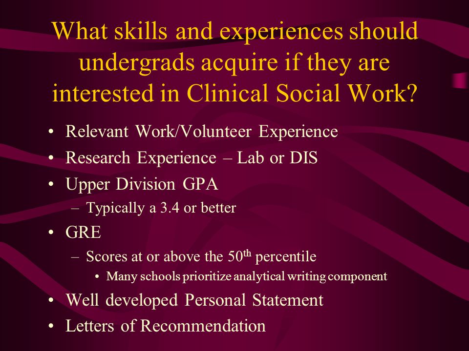 What skills and experiences should undergrads acquire if they are interested in Clinical Social Work.