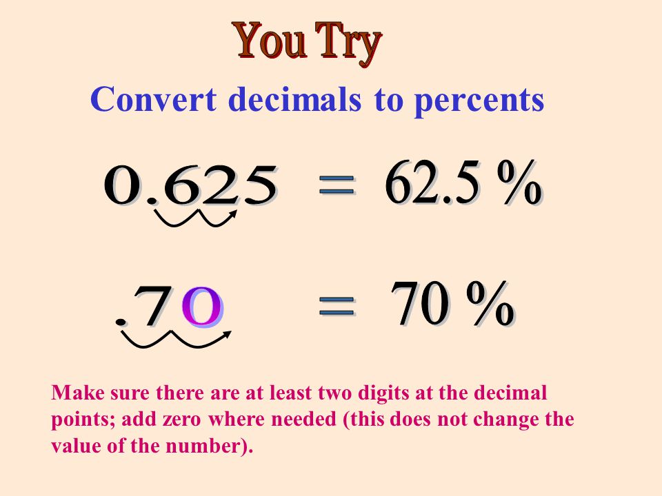 Convert decimals to percents Make sure there are at least two digits at the decimal points; add zero where needed (this does not change the value of the number).