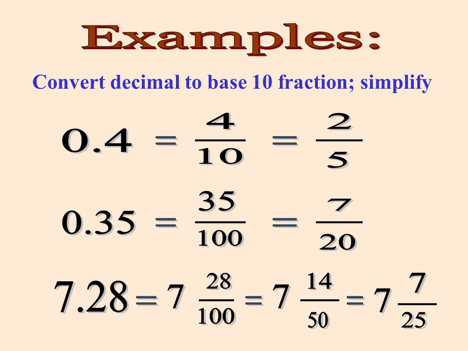 Convert decimal to base 10 fraction; simplify