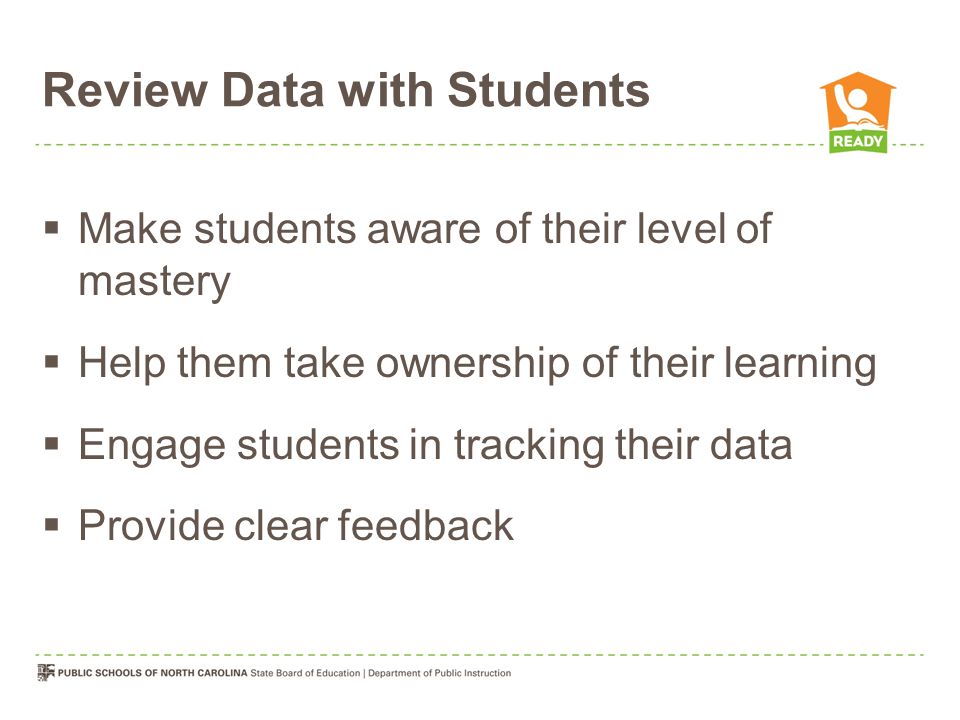 Review Data with Students  Make students aware of their level of mastery  Help them take ownership of their learning  Engage students in tracking their data  Provide clear feedback