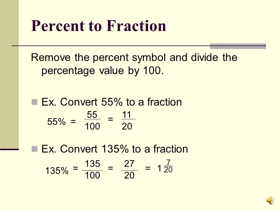 Fraction to Percent Multiply the fraction by 100% to convert it to a percent.