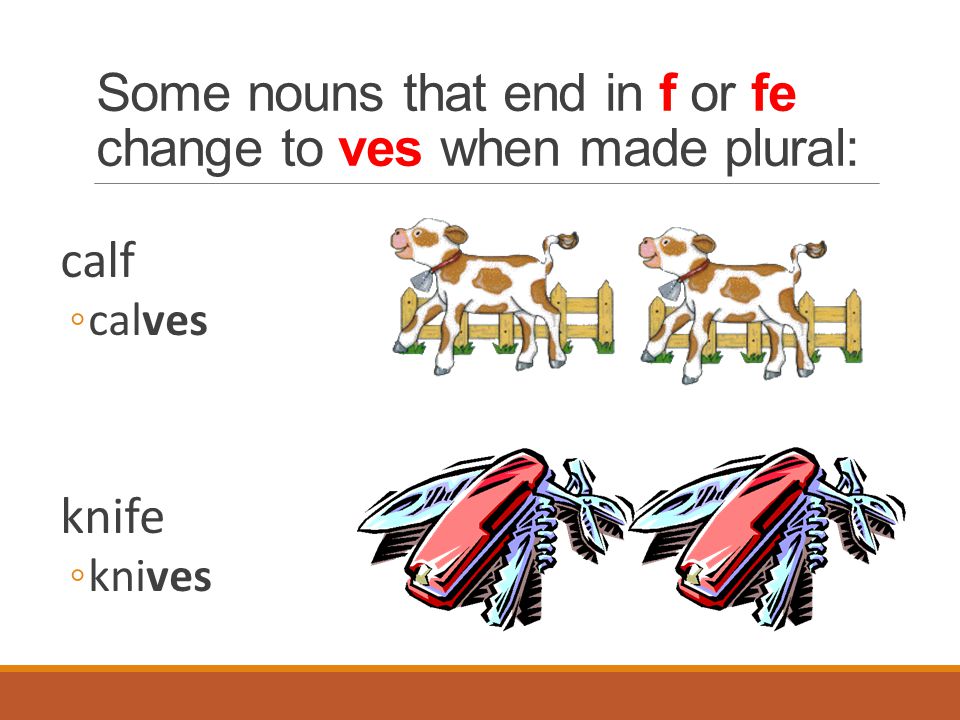 Some nouns that end in f or fe change to ves when made plural: calf ◦calves knife ◦knives