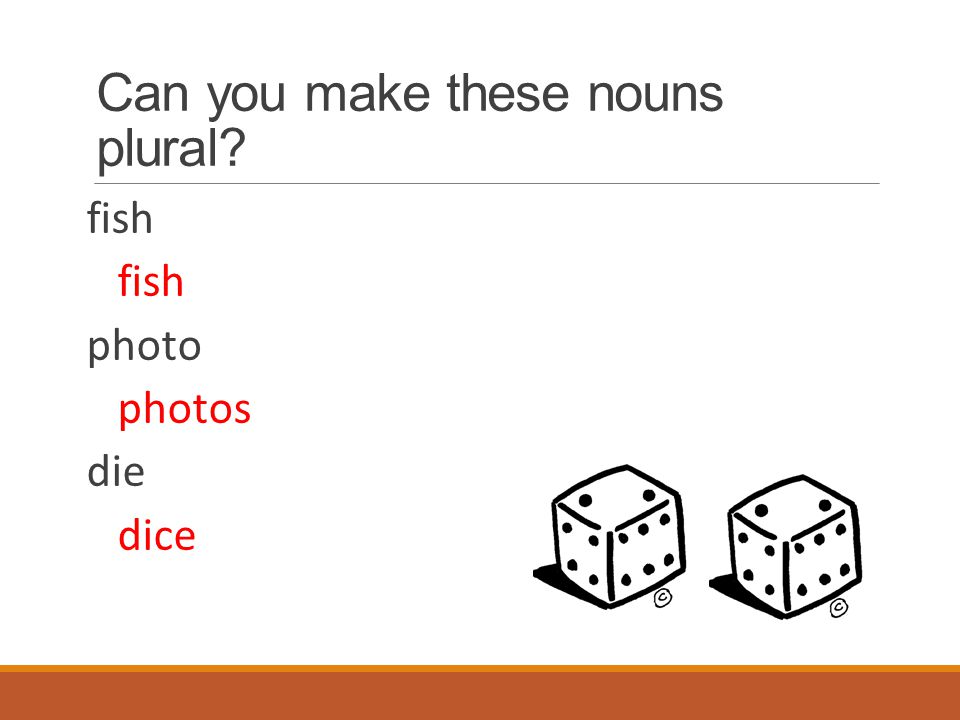 Can you make these nouns plural fish photo photos die dice