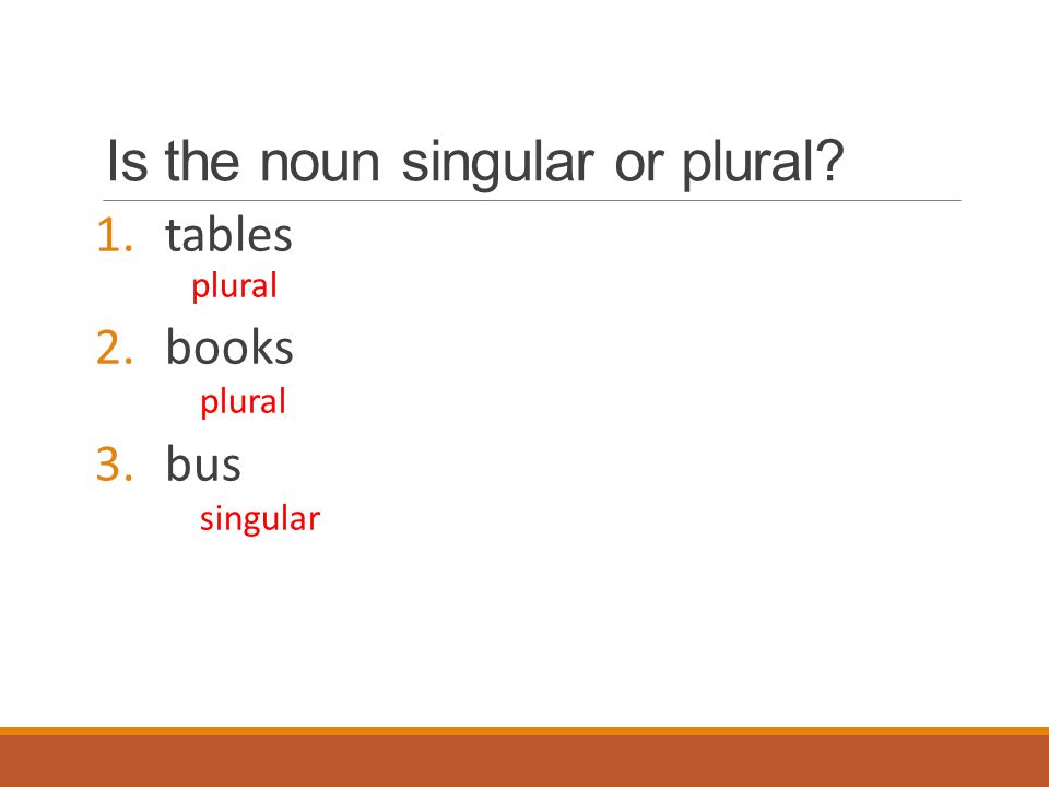 Is the noun singular or plural 1.tables plural 2.books plural 3.bus singular