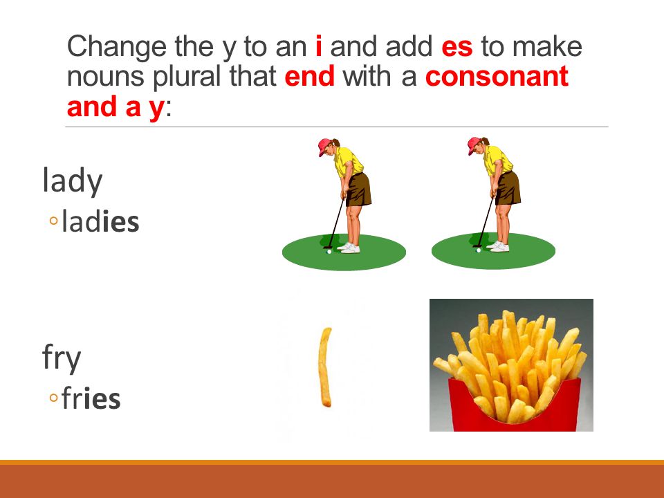 Change the y to an i and add es to make nouns plural that end with a consonant and a y: lady ◦ladies fry ◦fries