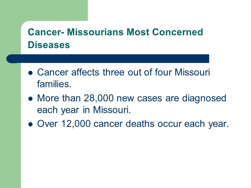 Cancer- Missourians Most Concerned Diseases Cancer affects three out of four Missouri families.