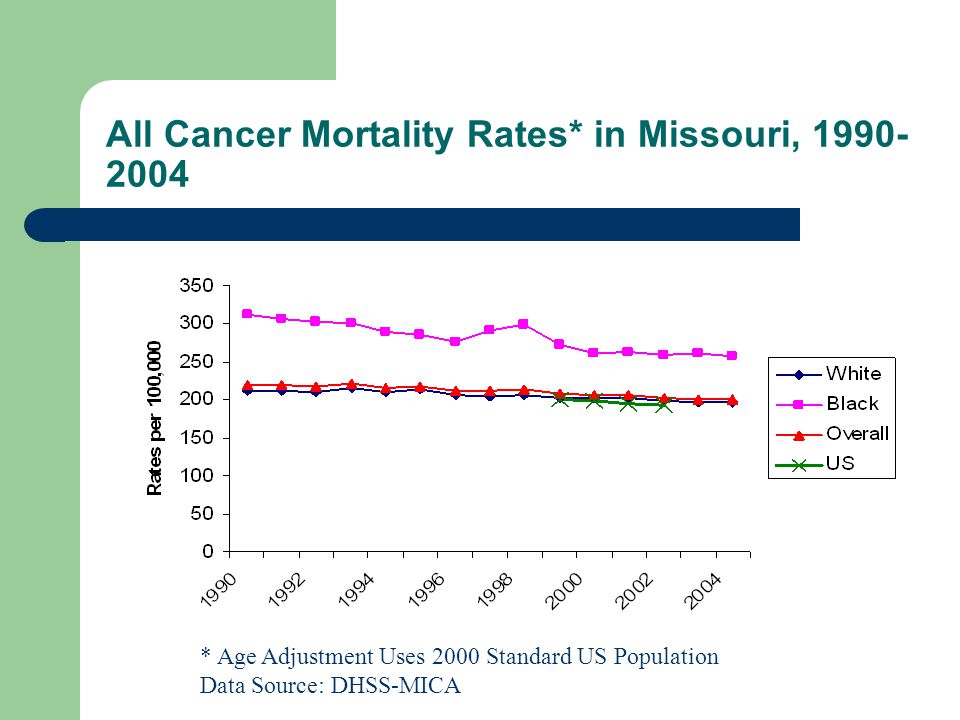 All Cancer Mortality Rates* in Missouri, * Age Adjustment Uses 2000 Standard US Population Data Source: DHSS-MICA