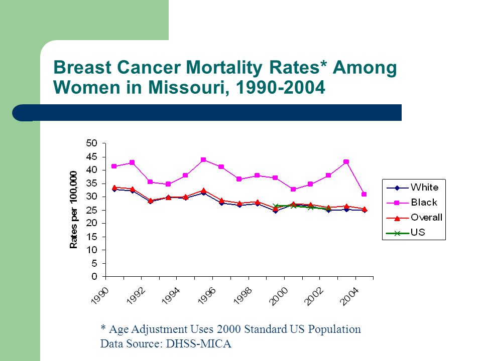Breast Cancer Mortality Rates* Among Women in Missouri, * Age Adjustment Uses 2000 Standard US Population Data Source: DHSS-MICA