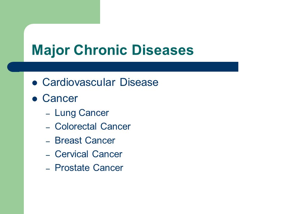 Major Chronic Diseases Cardiovascular Disease Cancer – Lung Cancer – Colorectal Cancer – Breast Cancer – Cervical Cancer – Prostate Cancer