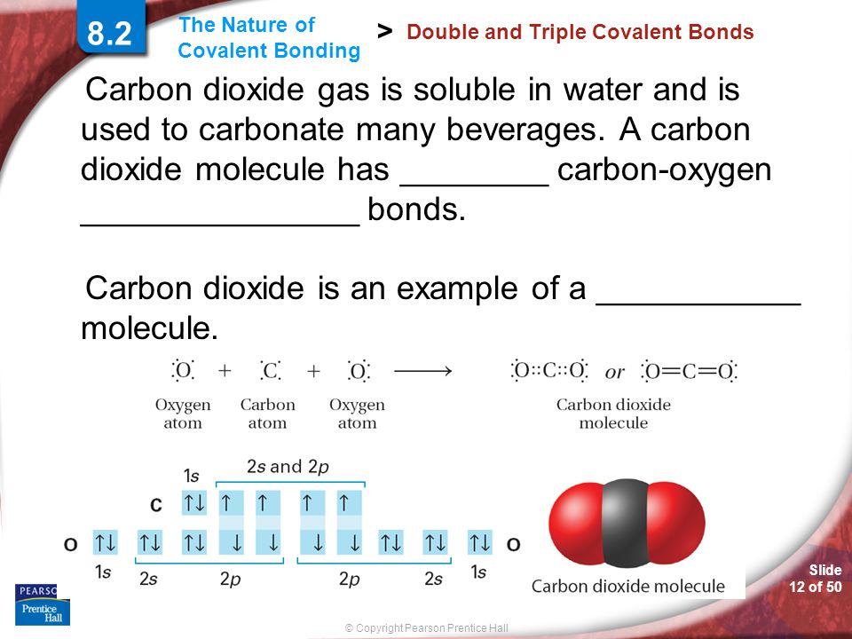 Slide 12 of 50 © Copyright Pearson Prentice Hall The Nature of Covalent Bonding > Double and Triple Covalent Bonds Carbon dioxide is an example of a ___________ molecule.