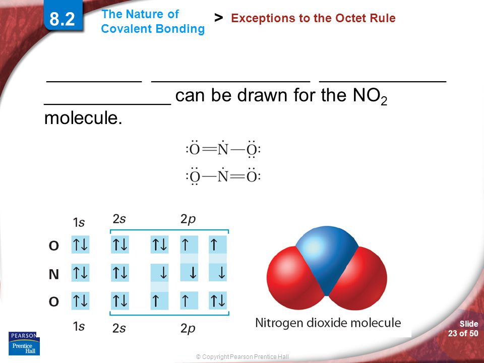 Slide 23 of 50 © Copyright Pearson Prentice Hall The Nature of Covalent Bonding > Exceptions to the Octet Rule _________ _______________ ____________ ____________ can be drawn for the NO 2 molecule.