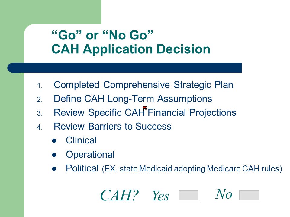Go or No Go CAH Application Decision 1. Completed Comprehensive Strategic Plan 2.