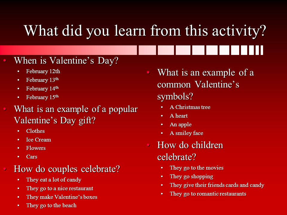What did you learn from this activity. When is Valentine’s Day When is Valentine’s Day.