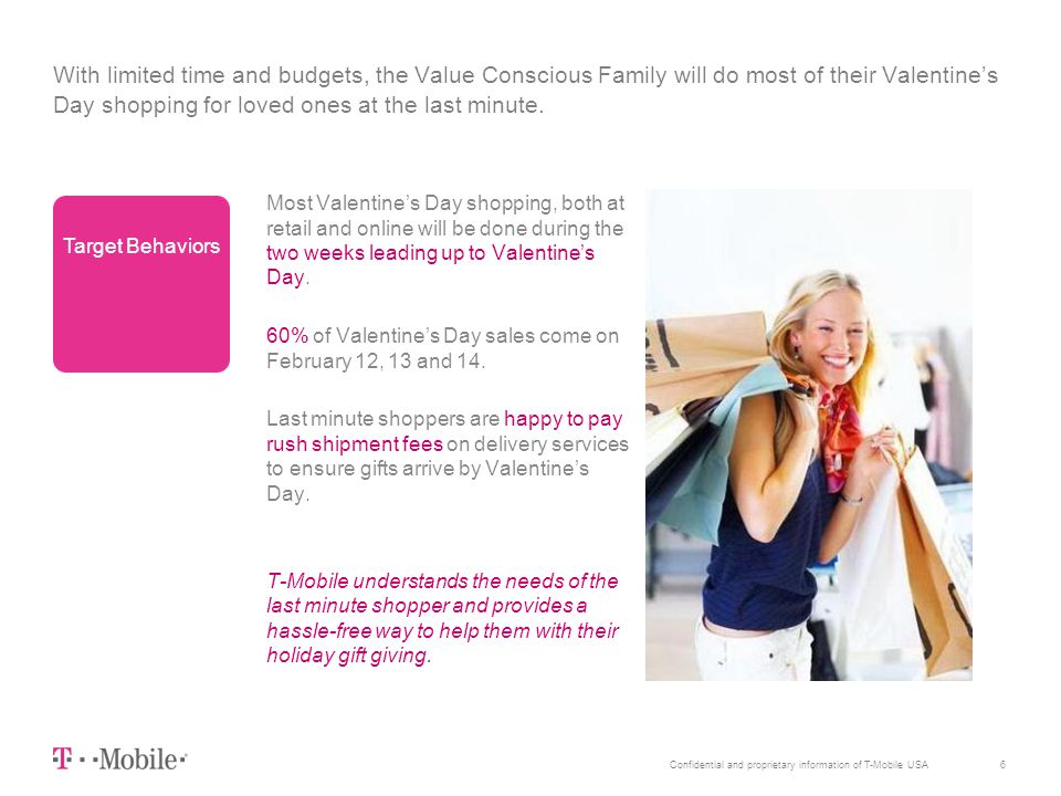 6Confidential and proprietary information of T-Mobile USA With limited time and budgets, the Value Conscious Family will do most of their Valentine’s Day shopping for loved ones at the last minute.