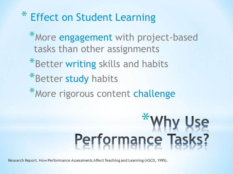 * Effect on Student Learning * More engagement with project-based tasks than other assignments * Better writing skills and habits * Better study habits * More rigorous content challenge Research Report.