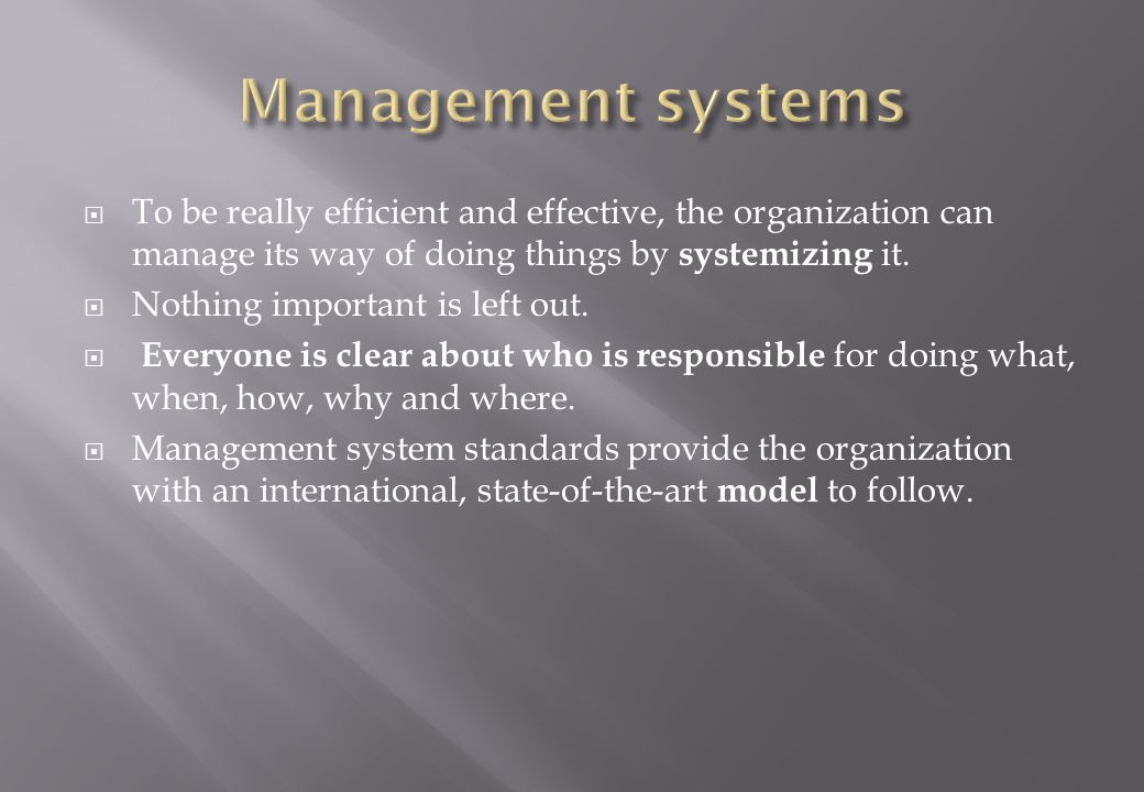  To be really efficient and effective, the organization can manage its way of doing things by systemizing it.
