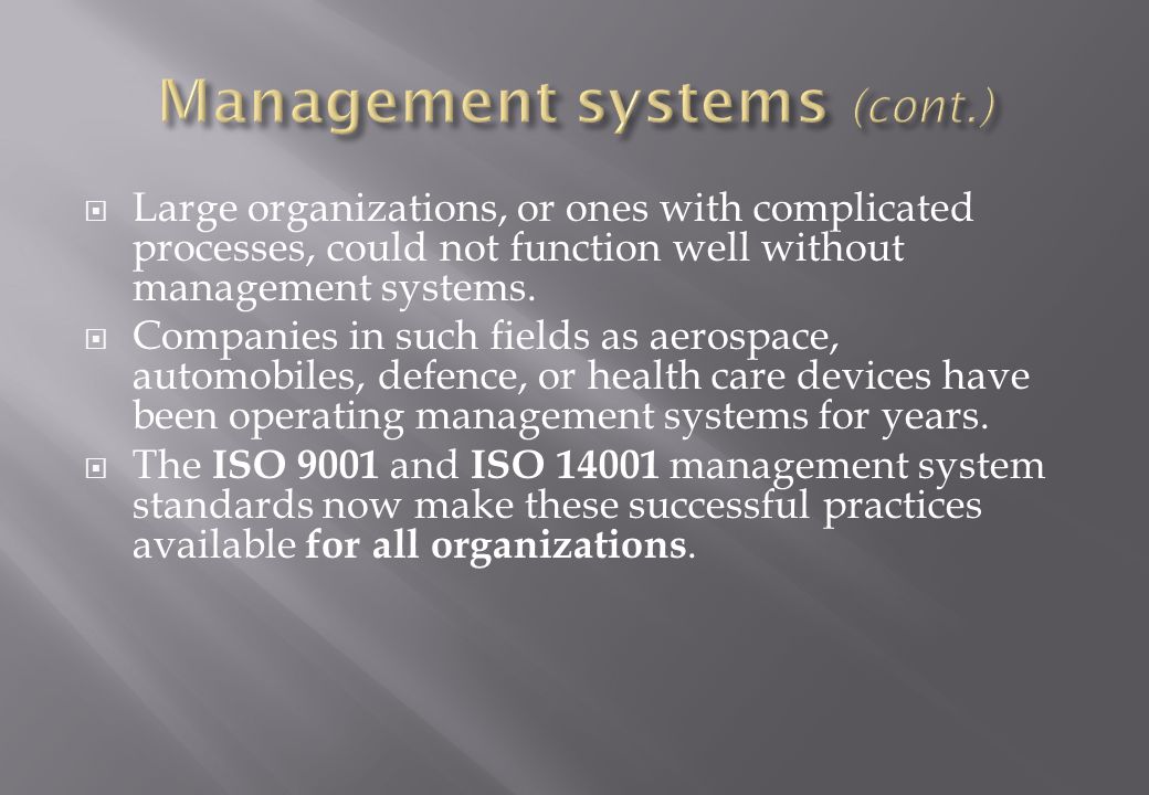  Large organizations, or ones with complicated processes, could not function well without management systems.