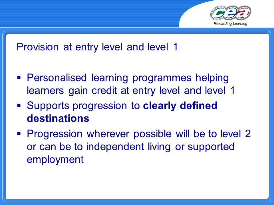Provision at entry level and level 1  Personalised learning programmes helping learners gain credit at entry level and level 1  Supports progression to clearly defined destinations  Progression wherever possible will be to level 2 or can be to independent living or supported employment