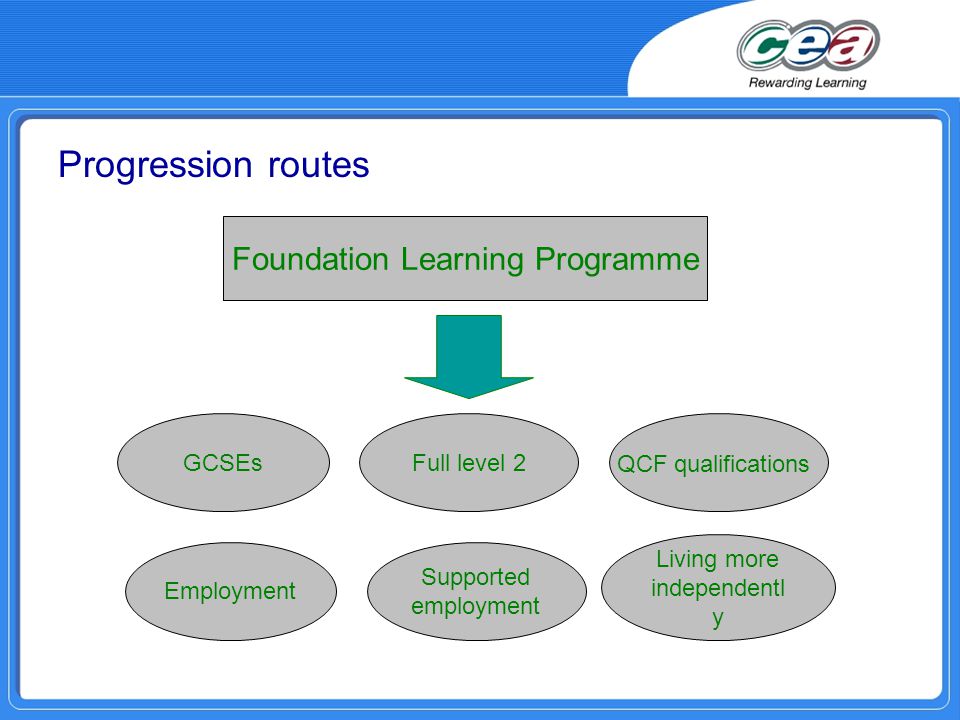 Progression routes GCSEsFull level 2 Employment Supported employment Living more independentl y QCF qualifications Foundation Learning Programme