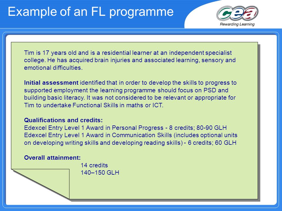Example of an FL programme Tim is 17 years old and is a residential learner at an independent specialist college.