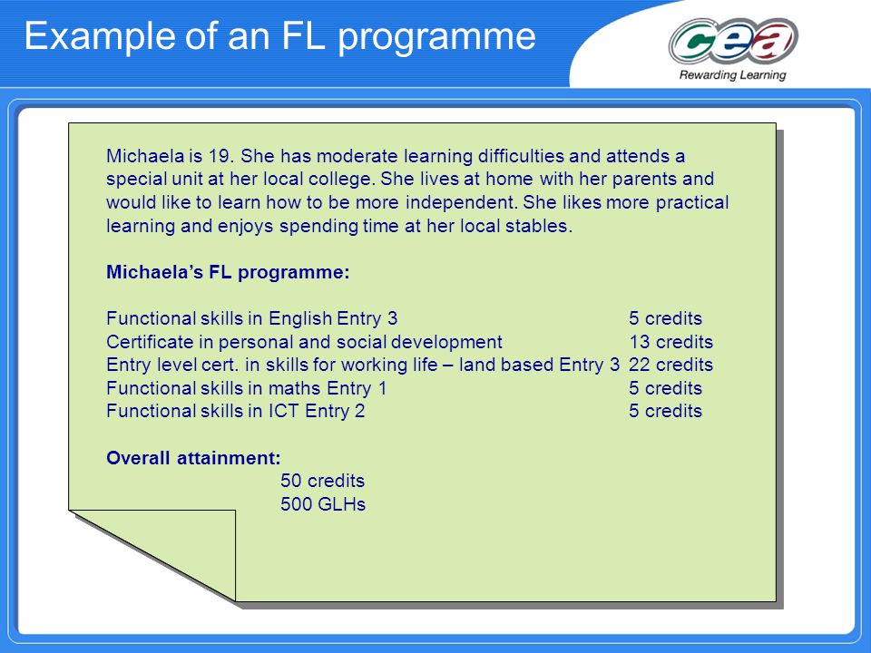 Example of an FL programme Michaela is 19.