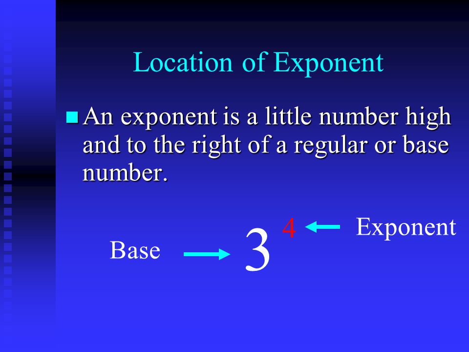 Location of Exponent An An exponent is a little number high and to the right of a regular or base number.