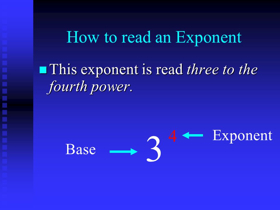 How to read an Exponent This This exponent is read three to the fourth power. 3 4 Base Exponent