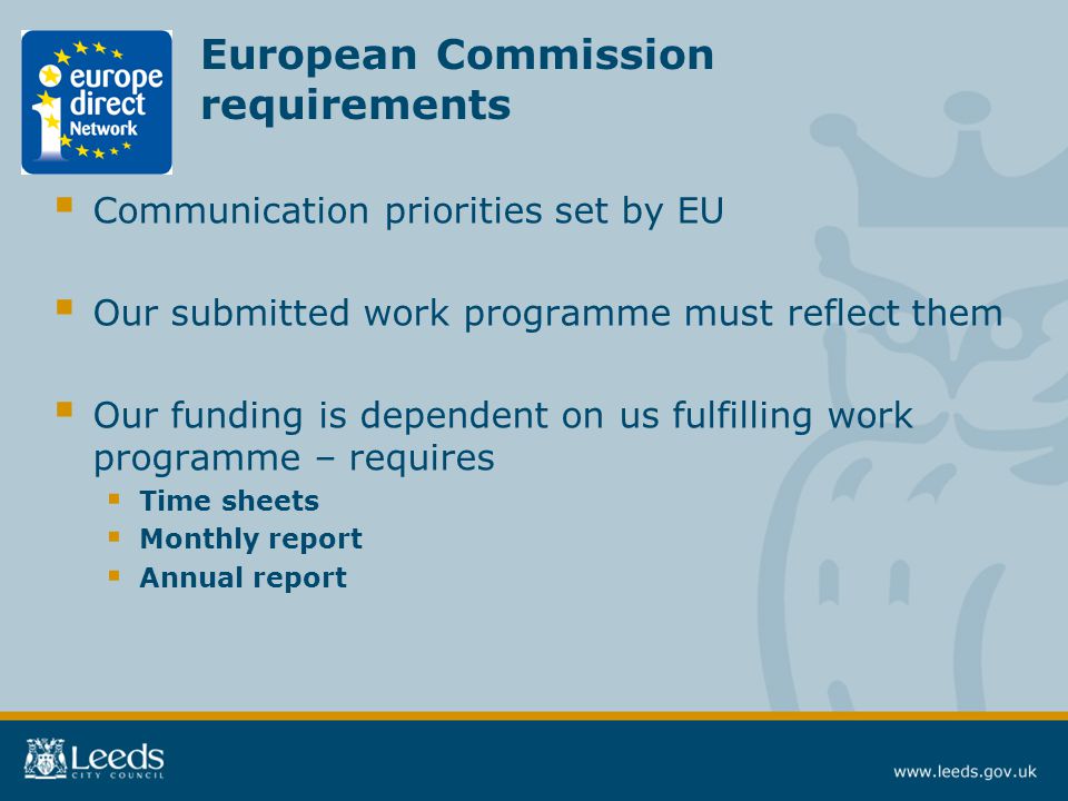 European Commission requirements  Communication priorities set by EU  Our submitted work programme must reflect them  Our funding is dependent on us fulfilling work programme – requires  Time sheets  Monthly report  Annual report