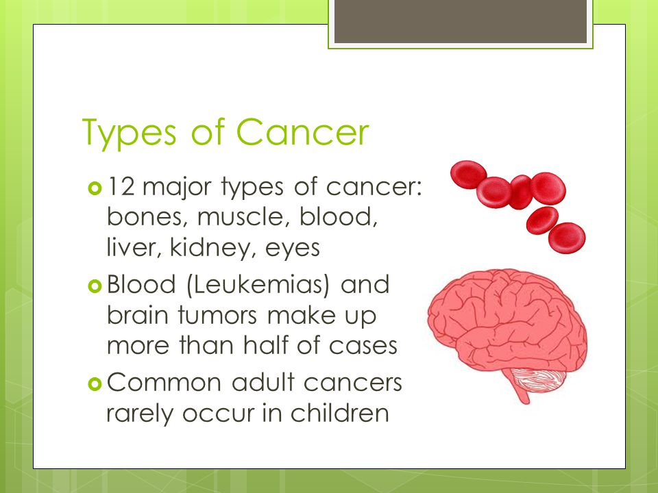 Types of Cancer  12 major types of cancer: bones, muscle, blood, liver, kidney, eyes  Blood (Leukemias) and brain tumors make up more than half of cases  Common adult cancers rarely occur in children