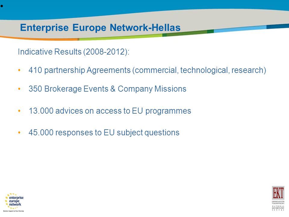 Title of the presentation | Date |22 Enterprise Europe Network-Hellas Indicative Results ( ): 410 partnership Agreements (commercial, technological, research) 350 Brokerage Events & Company Missions advices on access to EU programmes responses to EU subject questions